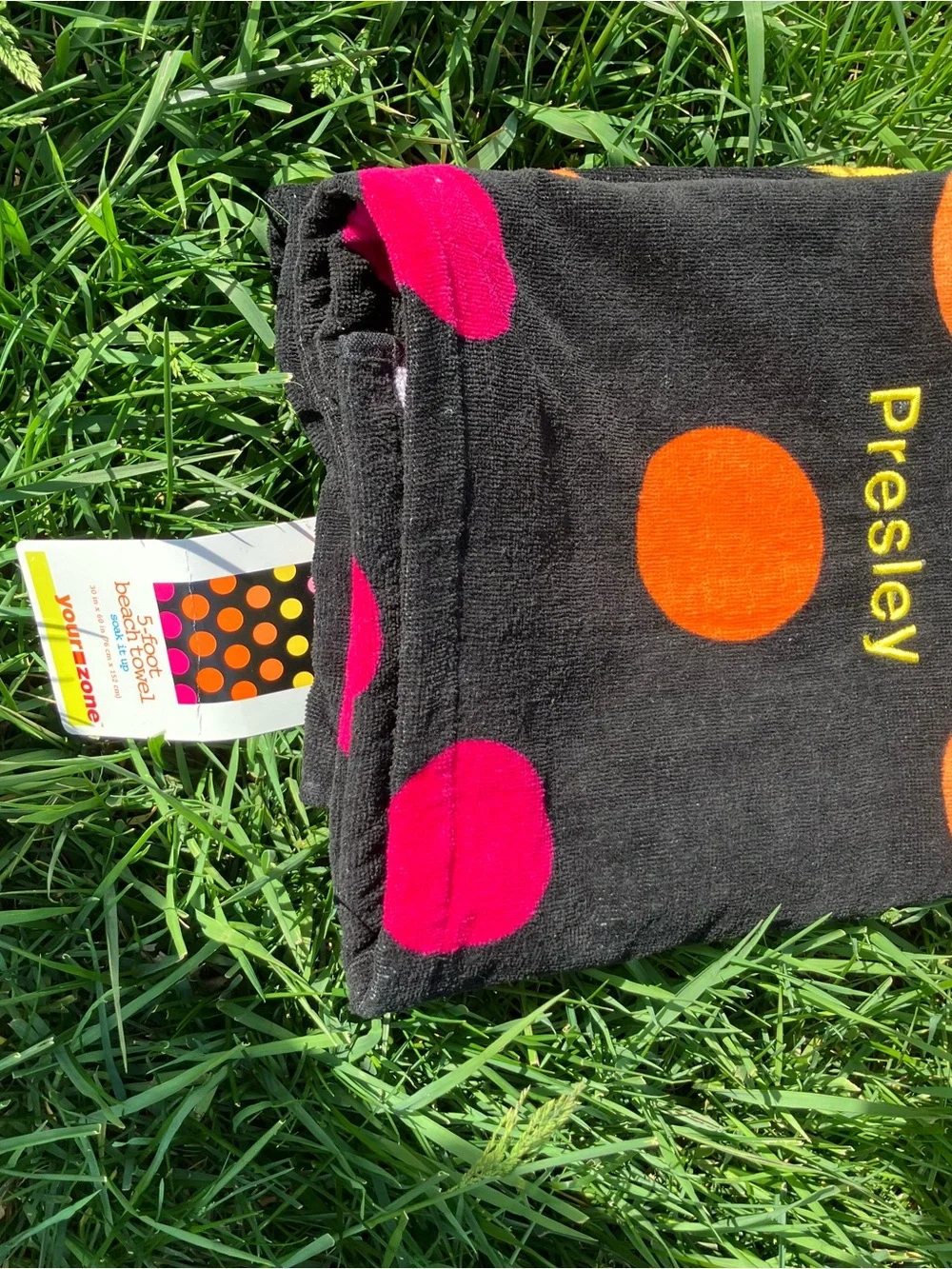Personalized Black Polka Dot Beach Towel with Pink, Orange & Yellow Dots